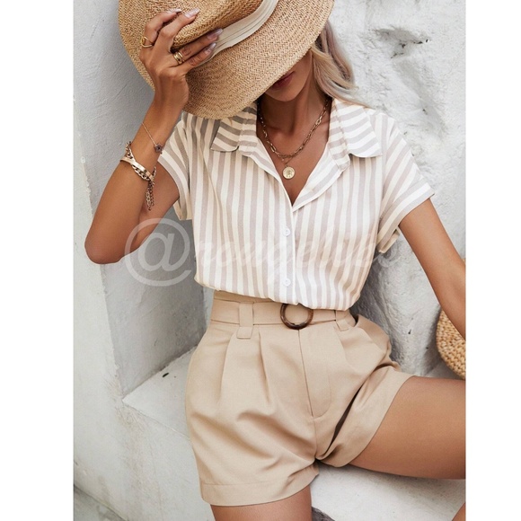 Striped White Khaki Short Batwing Sleeve Button Down Shirt - Picture 2 of 7